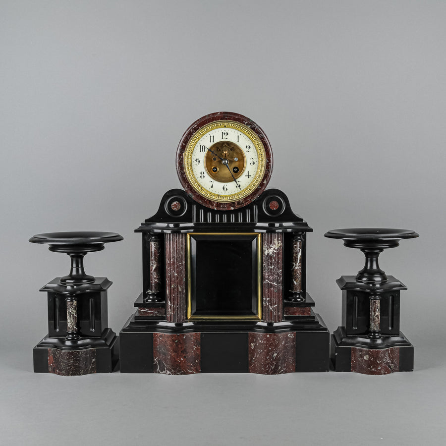 JAPY FRERES PARIS Slate & Granite Mantel Clock W/ 2 Pc Garniture