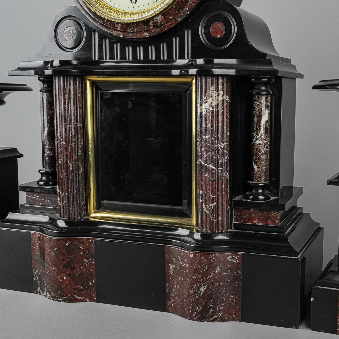 JAPY FRERES PARIS Slate & Granite Mantel Clock W/ 2 Pc Garniture
