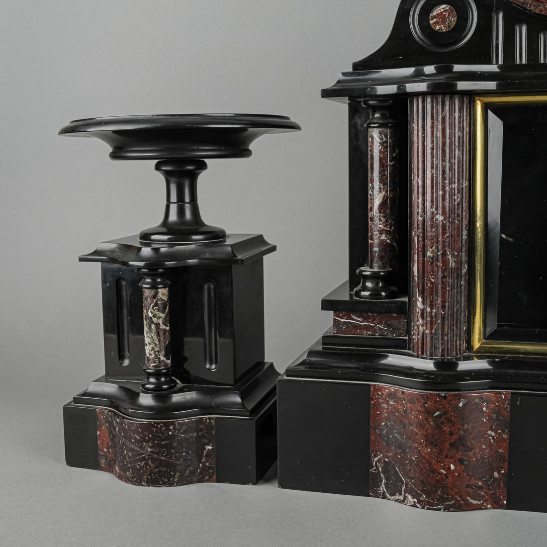 JAPY FRERES PARIS Slate & Granite Mantel Clock W/ 2 Pc Garniture