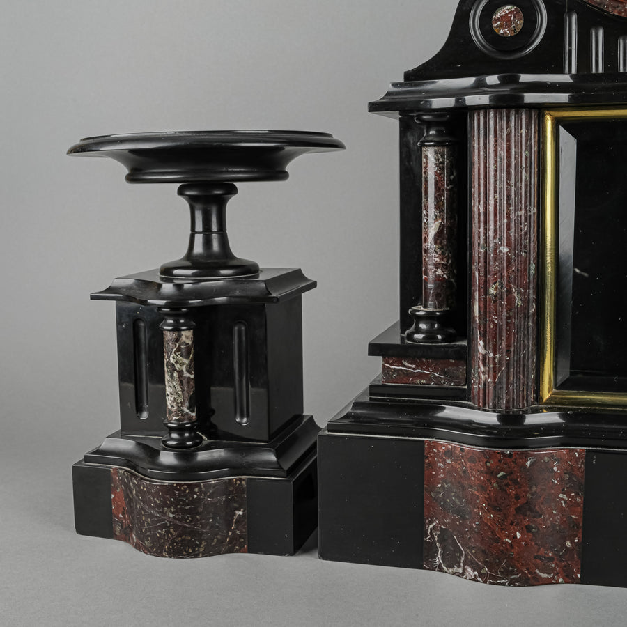 JAPY FRERES PARIS Slate & Granite Mantel Clock W/ 2 Pc Garniture