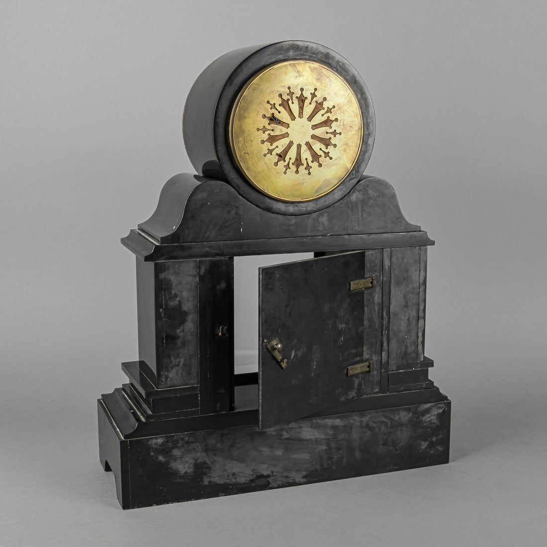 JAPY FRERES PARIS Slate & Granite Mantel Clock W/ 2 Pc Garniture