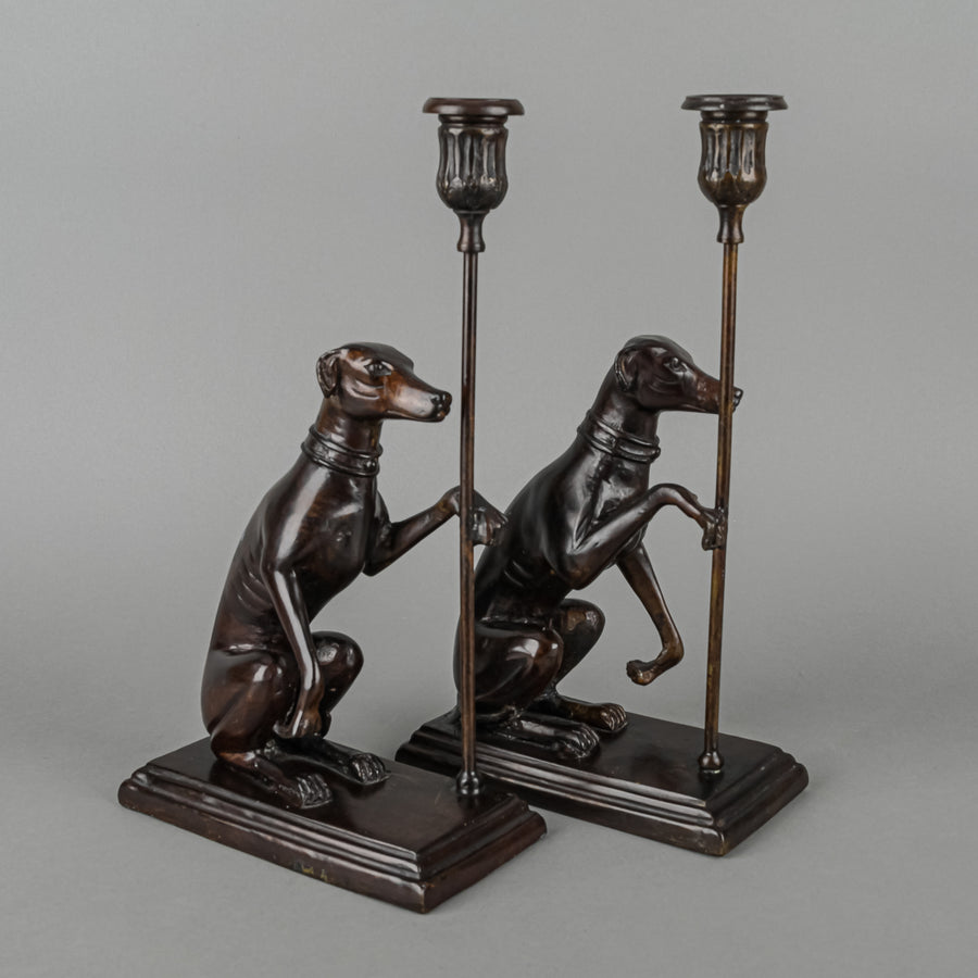 MAITLAND SMITH Bronze Greyhound BookendsW/Candleholder Set/2