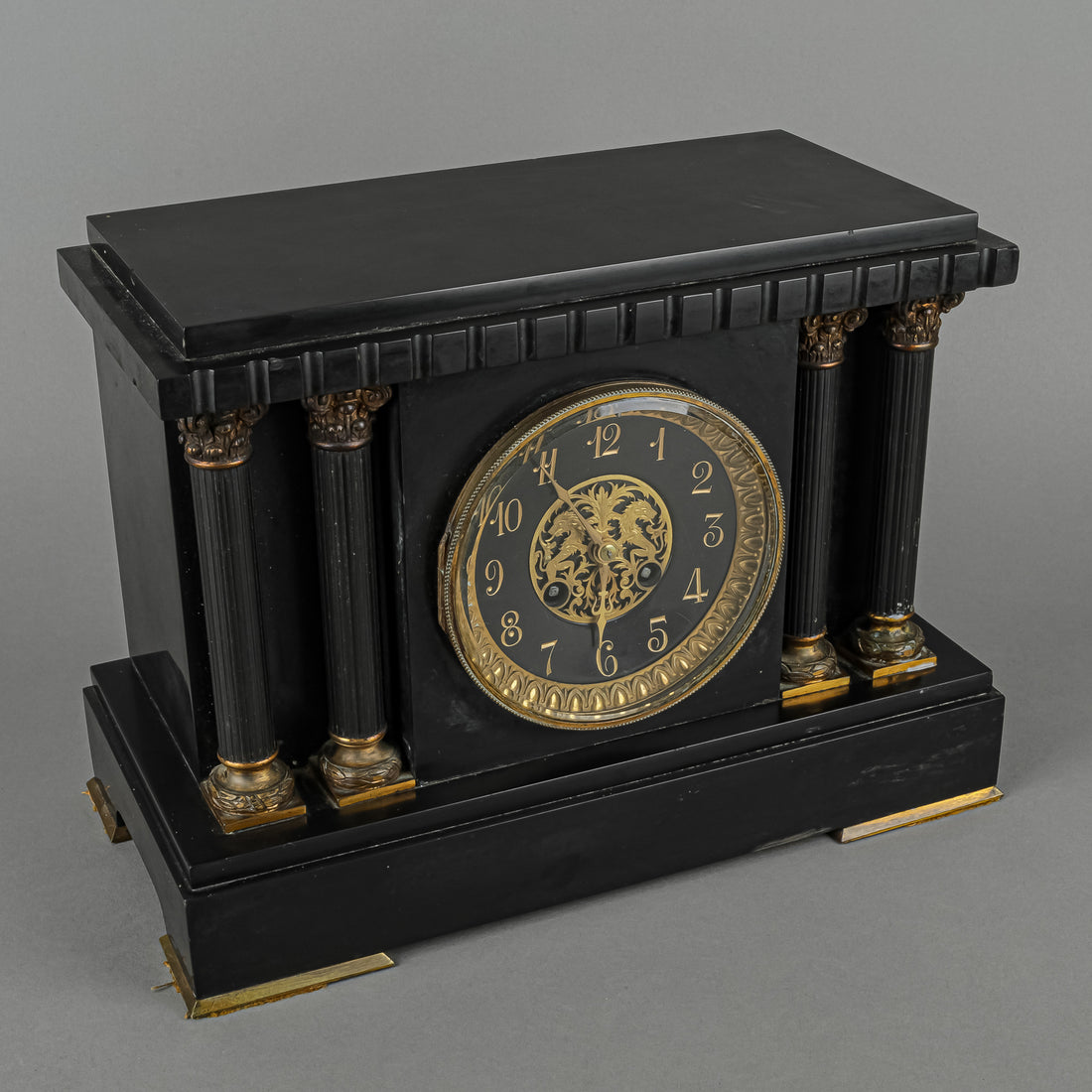 Antique Slate & Bronze Mantel     Clock & Garniture - 3Pcs