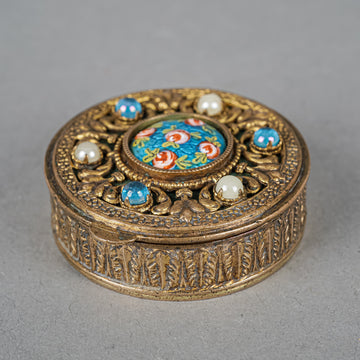 Antique French Bronze Guilloche Enamel Compact w/Mirror