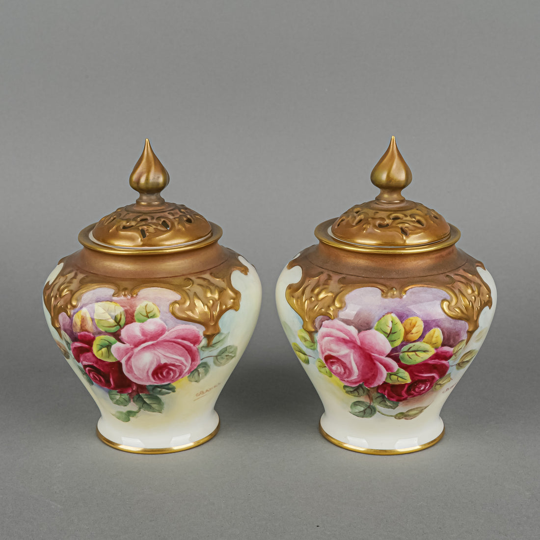 ROYAL WORCESTER G.Banks Hand Painted Rose Blush Ivory Lidded Potpourri Pots Set Of 2