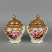 ROYAL WORCESTER G.Banks Hand Painted Rose Blush Ivory Lidded Potpourri Pots Set Of 2