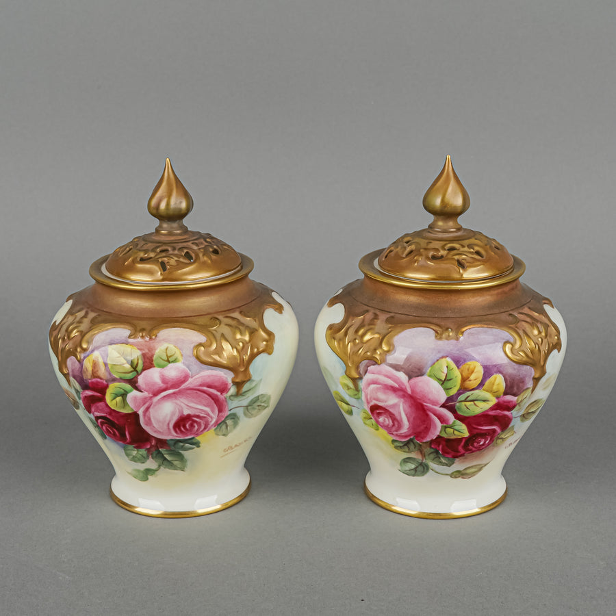 ROYAL WORCESTER G.Banks Hand Painted Rose Blush Ivory Lidded Potpourri Pots Set Of 2