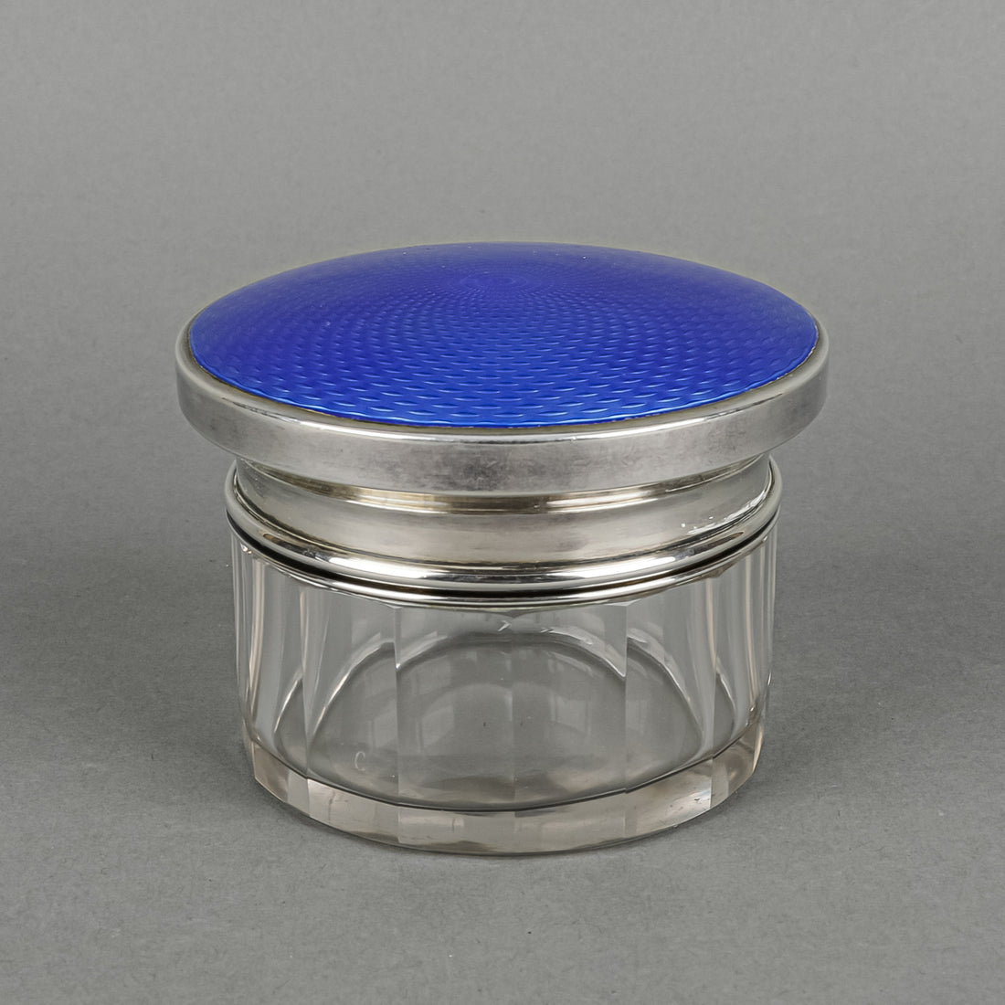 K&L Blue Guilloche Sterling Lidded Crystal Dresser Jar