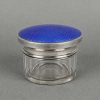 K&L Blue Guilloche Sterling Lidded Crystal Dresser Jar