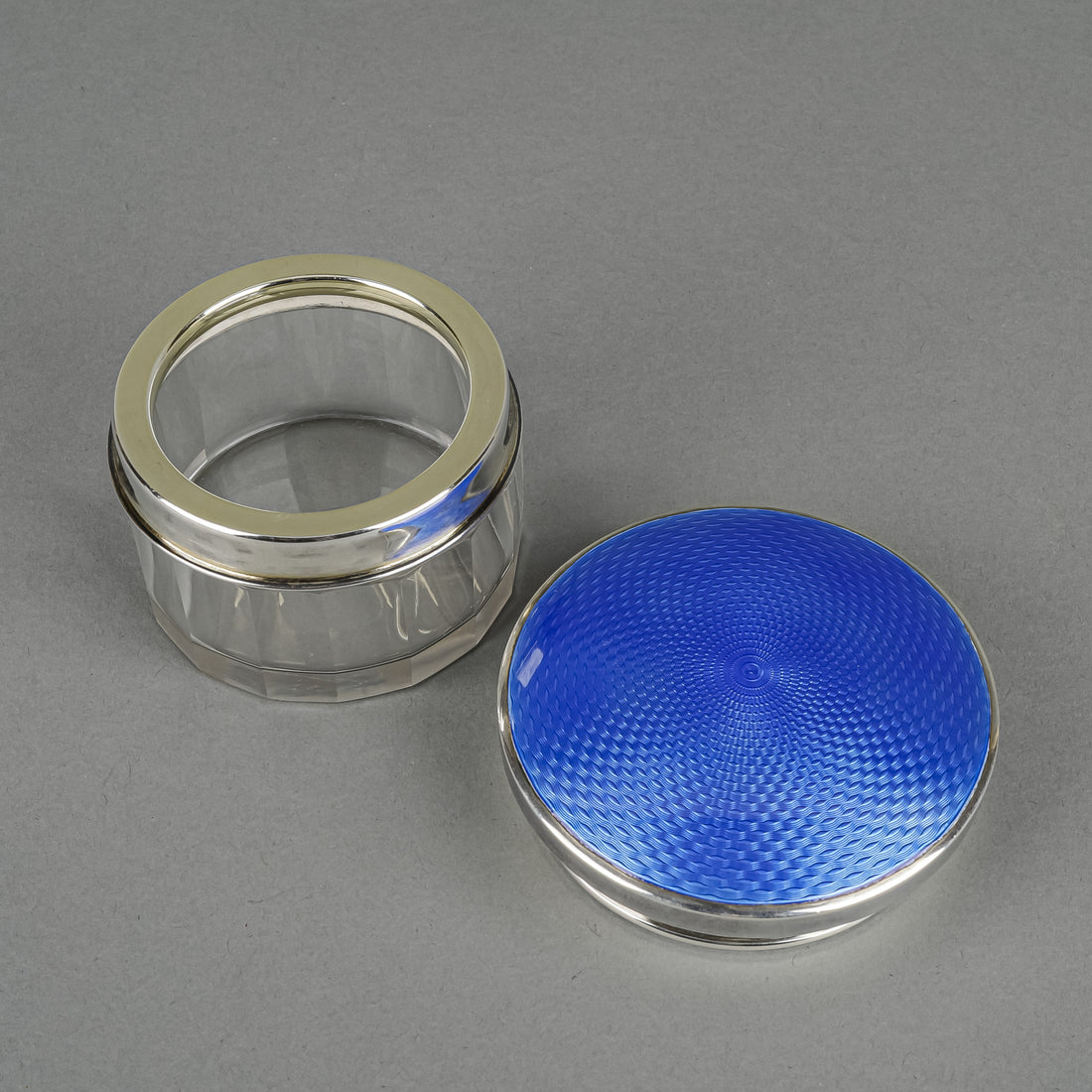 K&L Blue Guilloche Sterling Lidded Crystal Dresser Jar