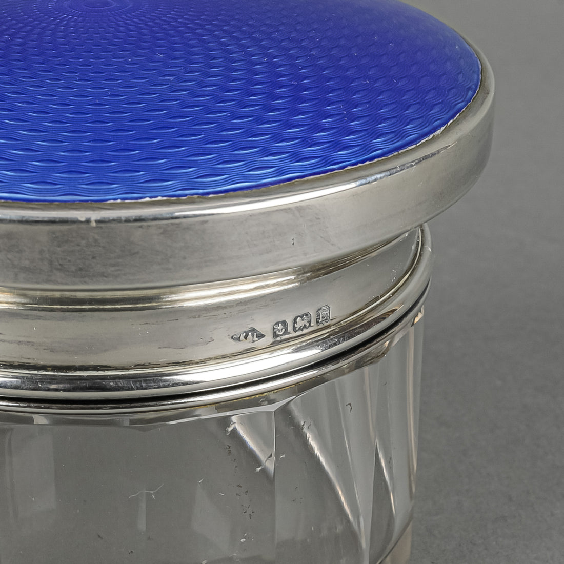 K&L Blue Guilloche Sterling Lidded Crystal Dresser Jar