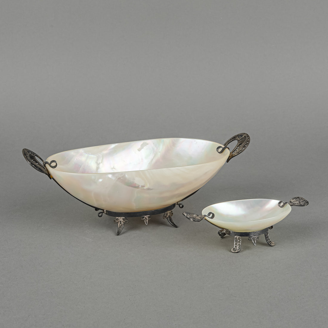 Indian Silver Mounted Polished Shell Dishes 2 Pieces