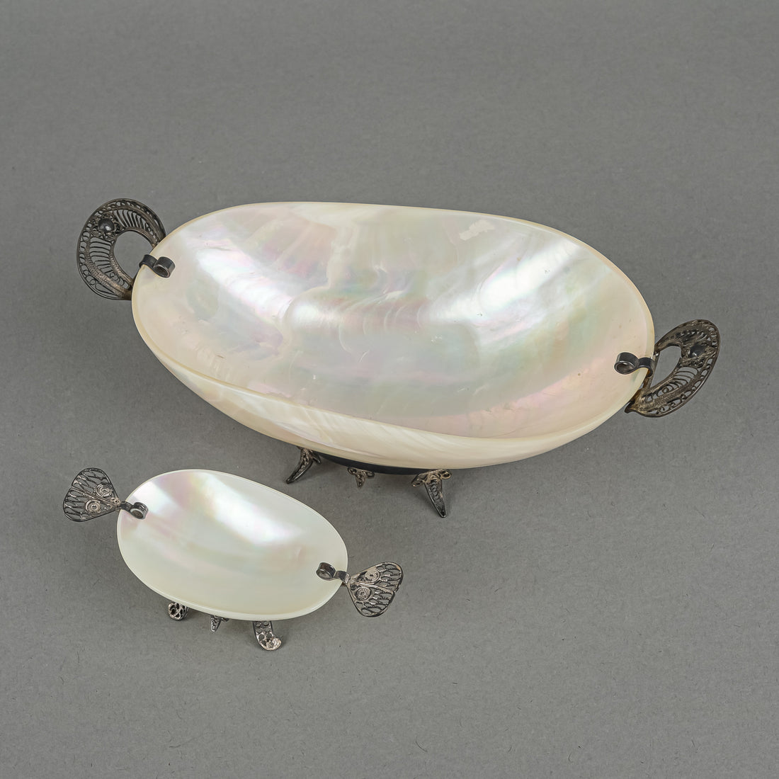 Indian Silver Mounted Polished Shell Dishes 2 Pieces