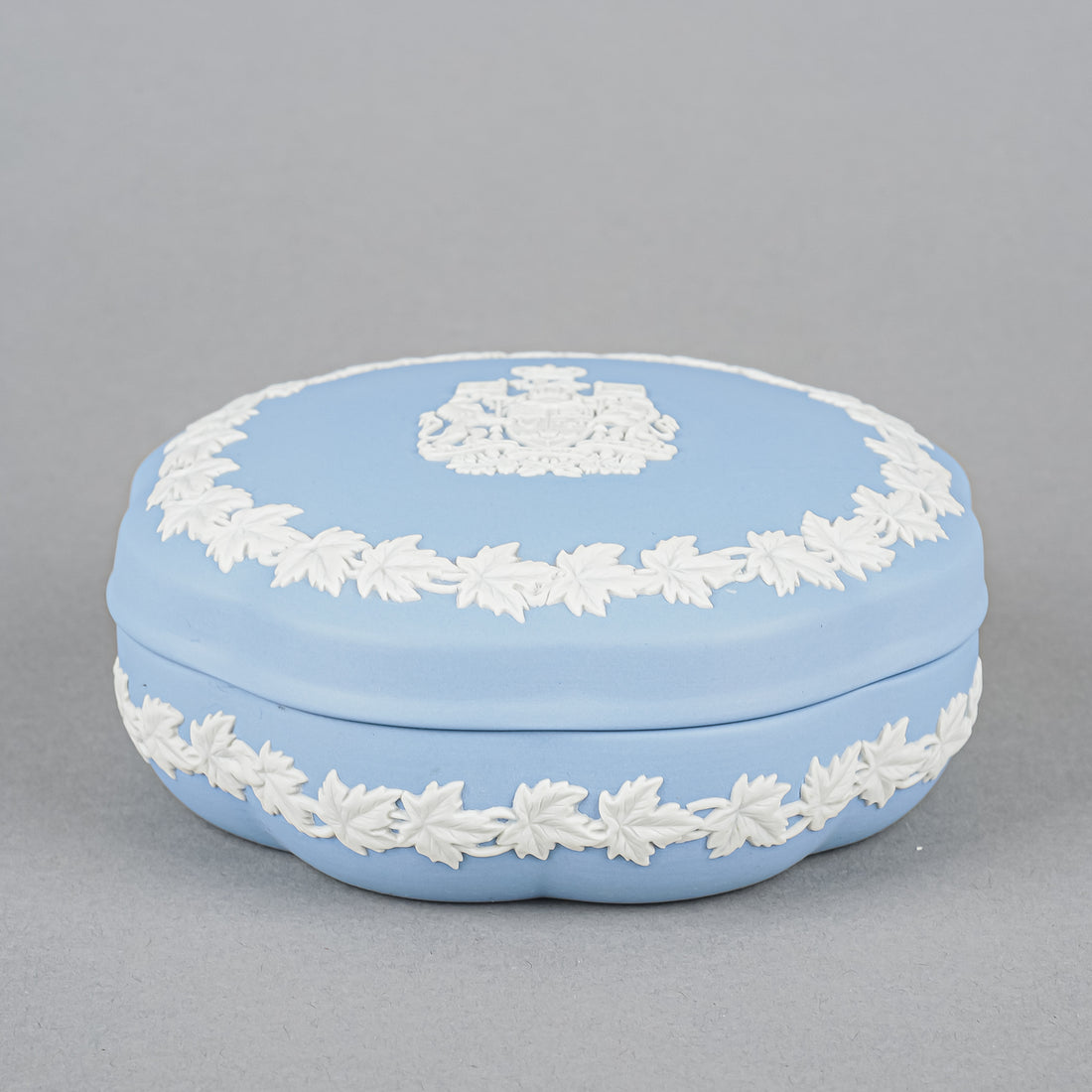 WEDGWOOD White On Blue Jasperware Covered Box  Canada Coat/Arms