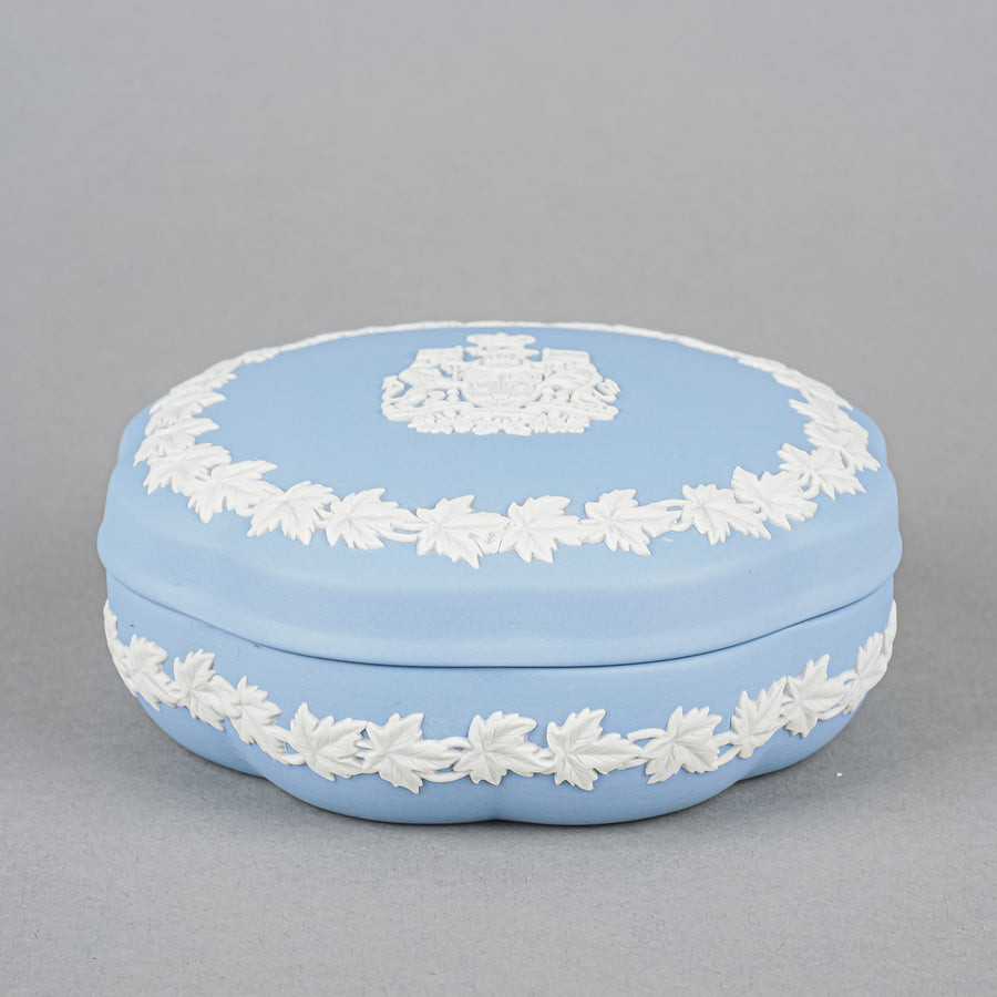 WEDGWOOD White On Blue Jasperware Covered Box  Canada Coat/Arms