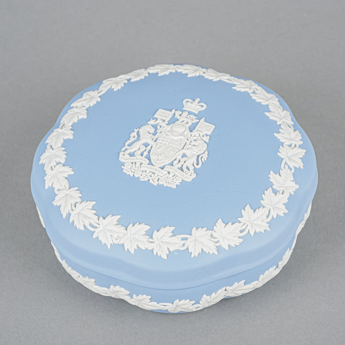WEDGWOOD White On Blue Jasperware Covered Box  Canada Coat/Arms