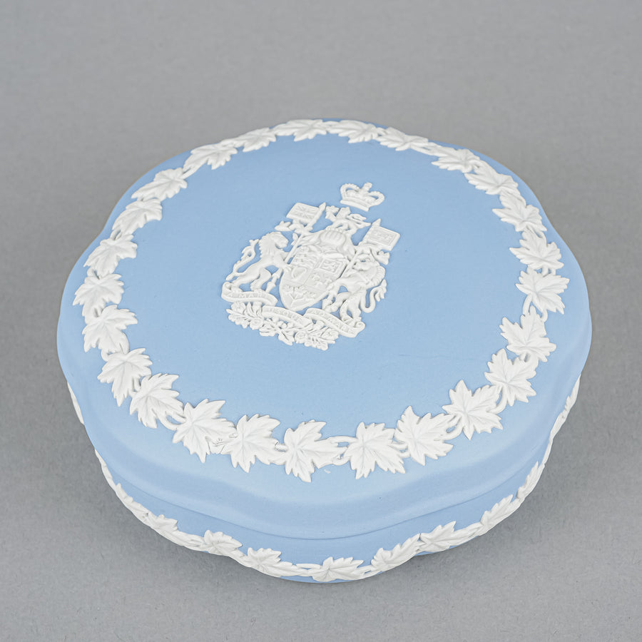 WEDGWOOD White On Blue Jasperware Covered Box  Canada Coat/Arms