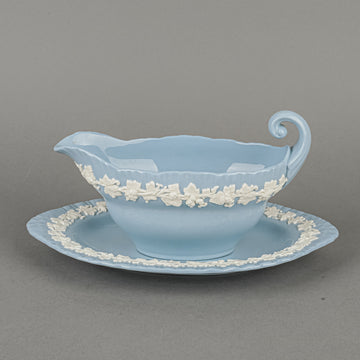 WEDGWOOD White On Blue Embossed Queens Ware Gravy Boat And Stand