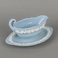 WEDGWOOD White On Blue Embossed Queens Ware Gravy Boat And Stand