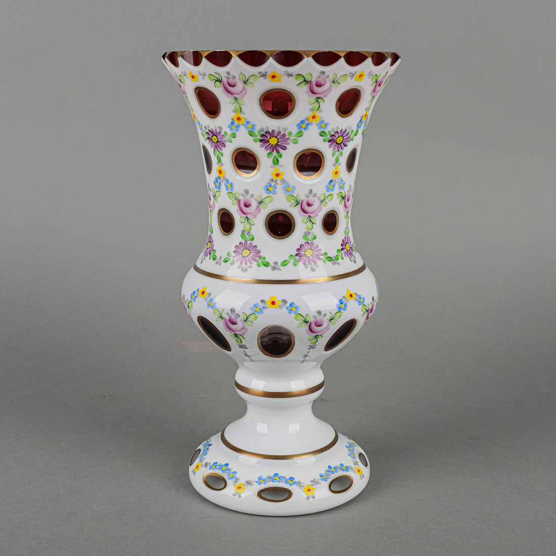 Bohemian Style Hand Painted White Cased Cranberry Glass Footed Vase