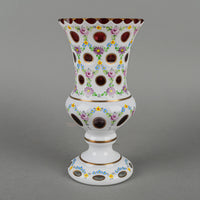 Bohemian Style Hand Painted White Cased Cranberry Glass Footed Vase