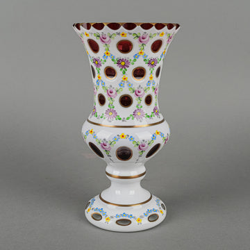 Bohemian Style Hand Painted White Cased Cranberry Glass Footed Vase