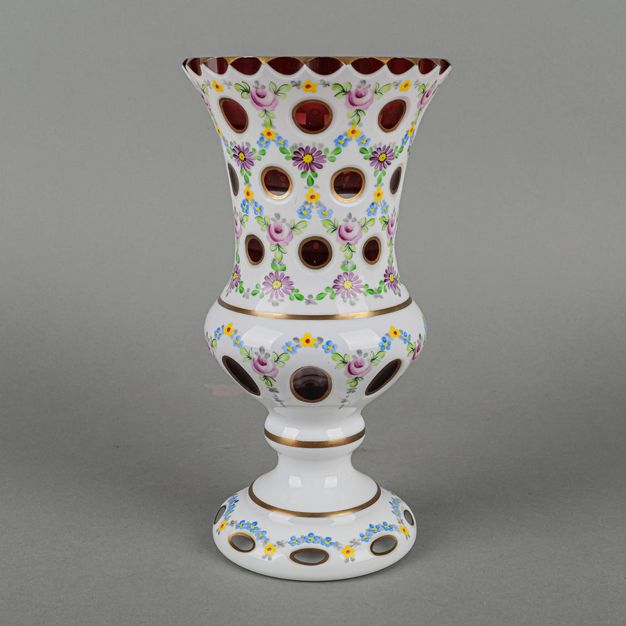 Bohemian Style Hand Painted White Cased Cranberry Glass Footed Vase