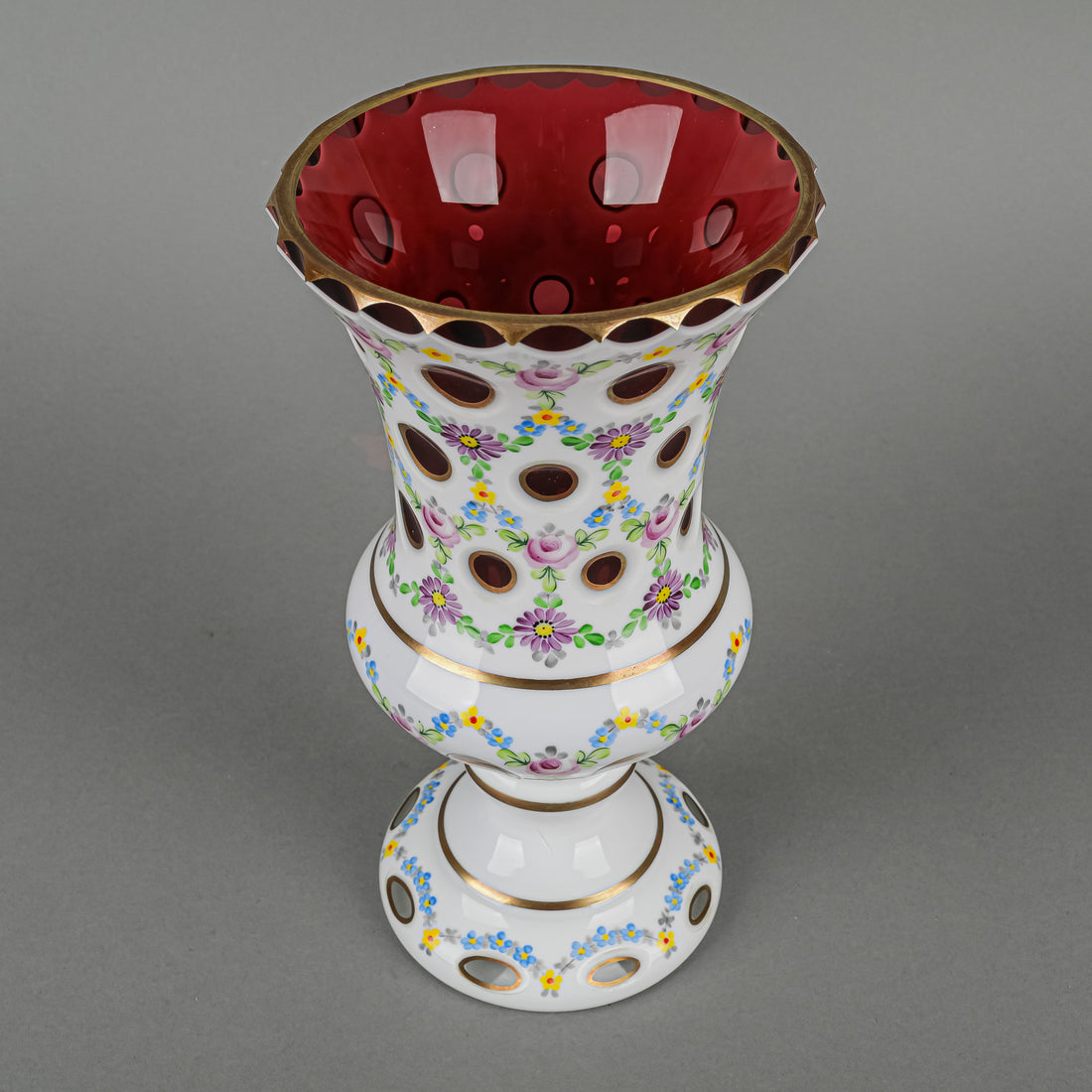Bohemian Style Hand Painted White Cased Cranberry Glass Footed Vase