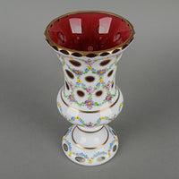 Bohemian Style Hand Painted White Cased Cranberry Glass Footed Vase