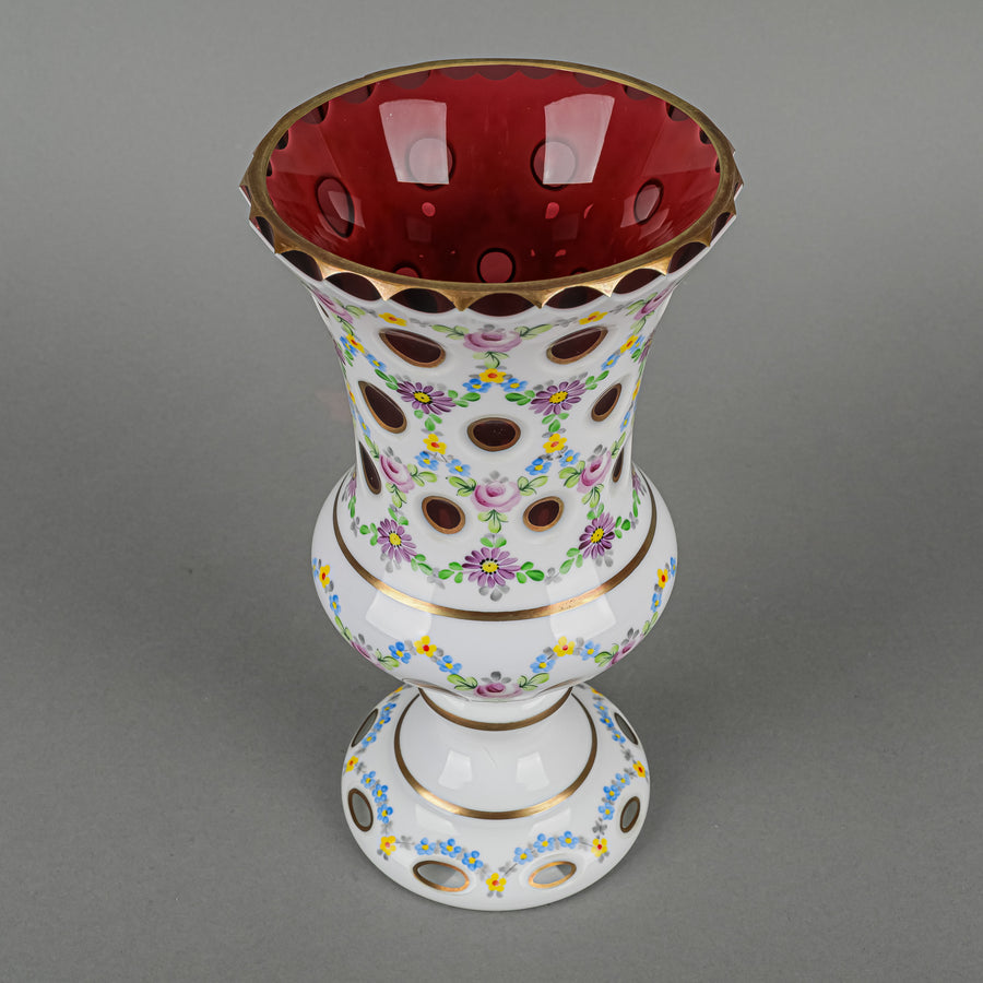 Bohemian Style Hand Painted White Cased Cranberry Glass Footed Vase