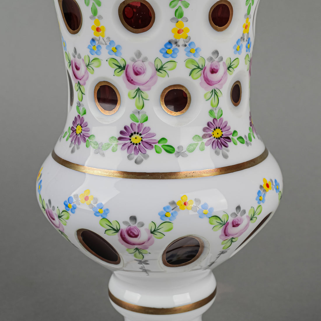 Bohemian Style Hand Painted White Cased Cranberry Glass Footed Vase