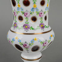 Bohemian Style Hand Painted White Cased Cranberry Glass Footed Vase
