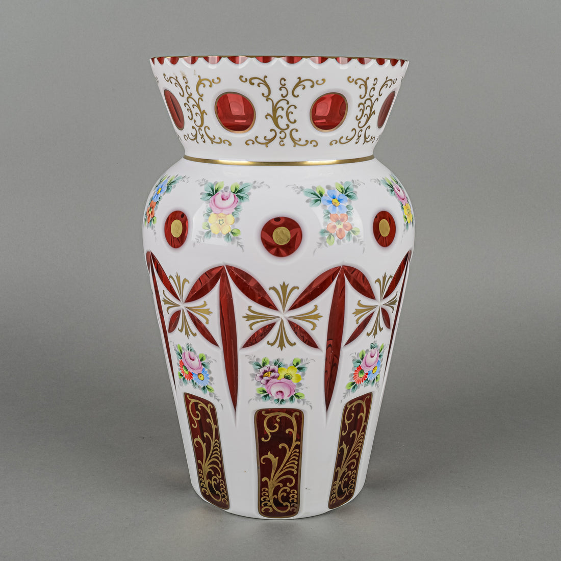 Bohemian Style Hand Painted White Cased Cranberry Glass Vase