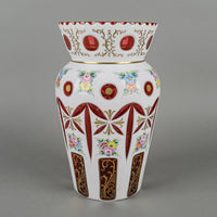 Bohemian Style Hand Painted White Cased Cranberry Glass Vase