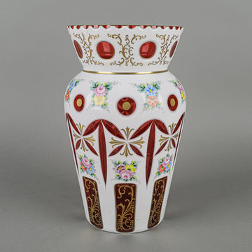 Bohemian Style Hand Painted White Cased Cranberry Glass Vase