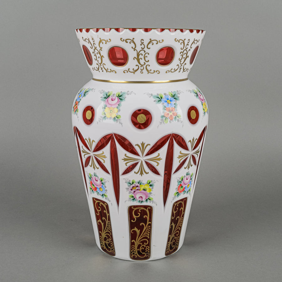 Bohemian Style Hand Painted White Cased Cranberry Glass Vase
