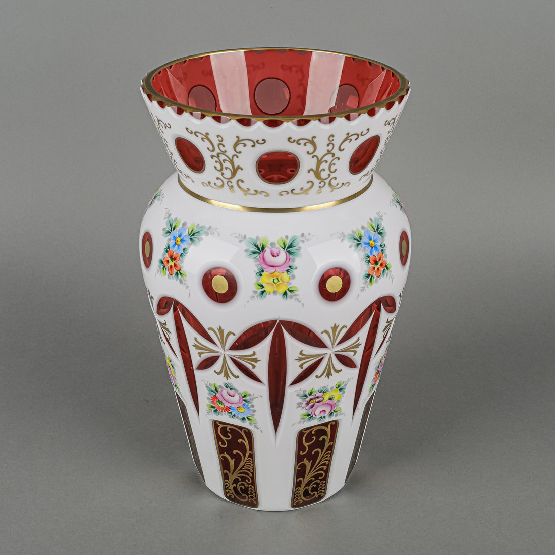 Bohemian Style Hand Painted White Cased Cranberry Glass Vase