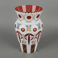 Bohemian Style Hand Painted White Cased Cranberry Glass Vase