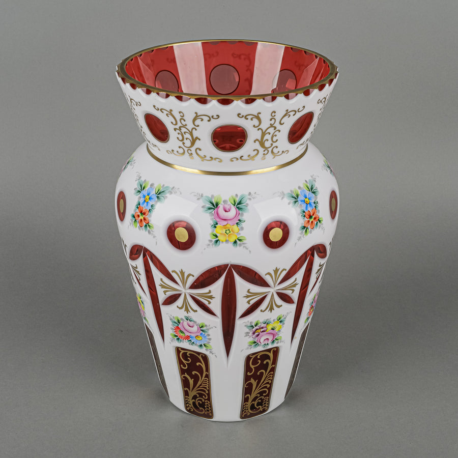 Bohemian Style Hand Painted White Cased Cranberry Glass Vase