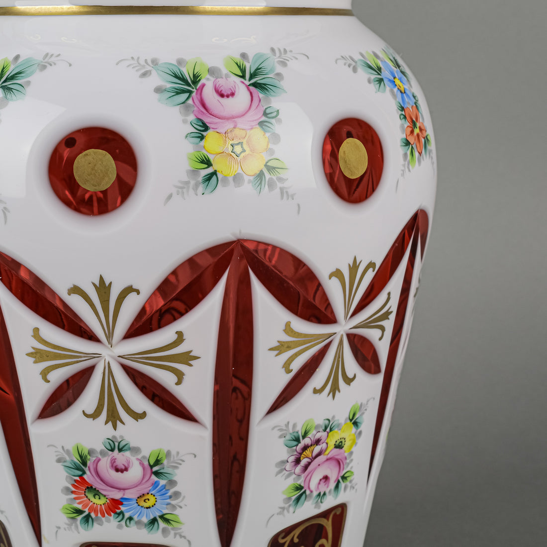 Bohemian Style Hand Painted White Cased Cranberry Glass Vase