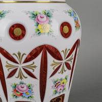 Bohemian Style Hand Painted White Cased Cranberry Glass Vase