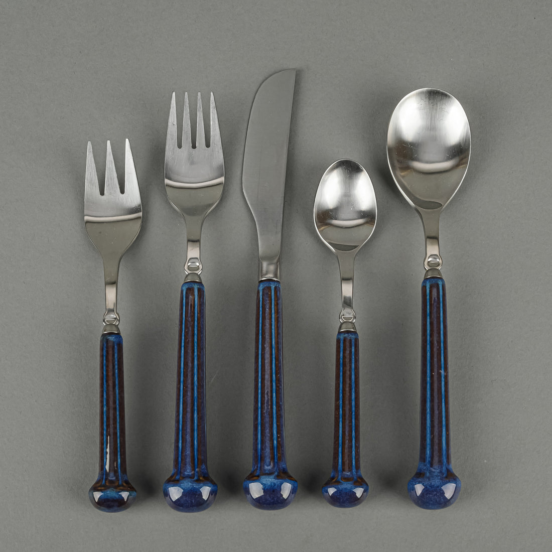 DENBY Regency Blue Ceramic Handle Stainless Steel Flatware 36 Pieces
