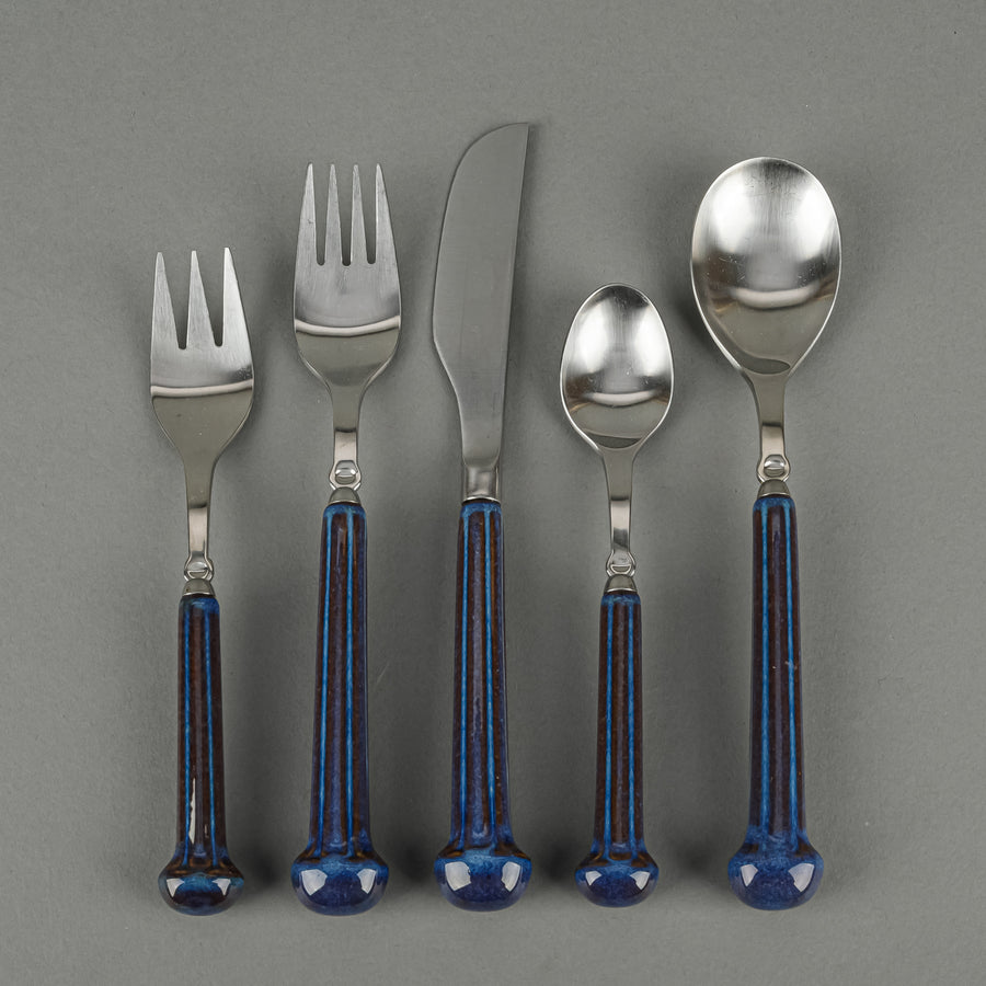 DENBY Regency Blue Ceramic Handle Stainless Steel Flatware 36 Pieces