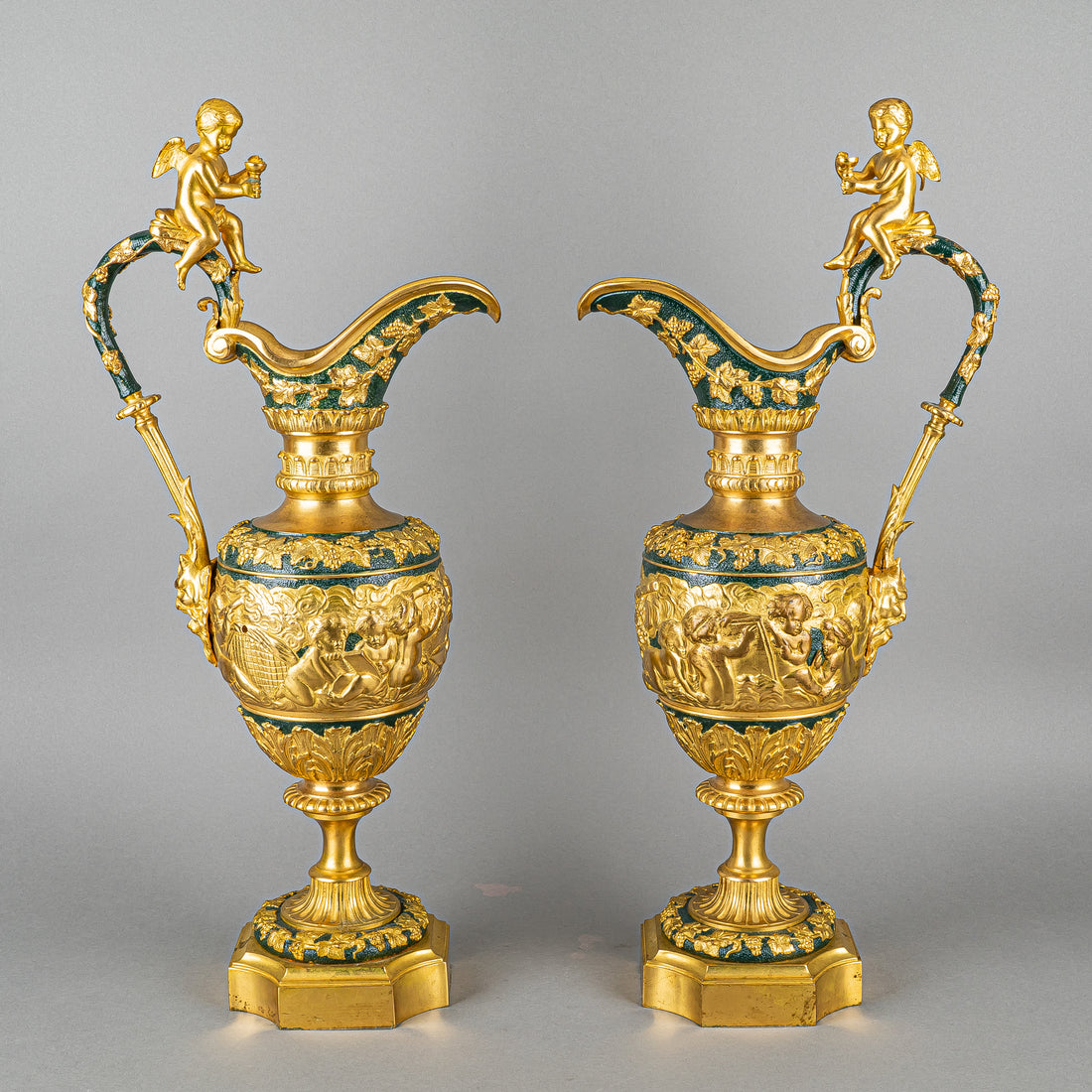 Renaissance Revival Painted & Gilt Bronze Ewers Set Of 2