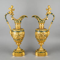 Renaissance Revival Painted & Gilt Bronze Ewers Set Of 2