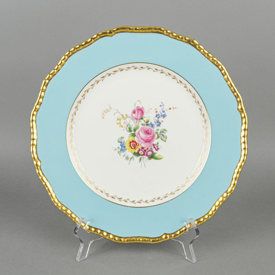 Royal Doulton V1967 Turquoise Rim Hand Painted Floral Dinner Plates Set Of 7