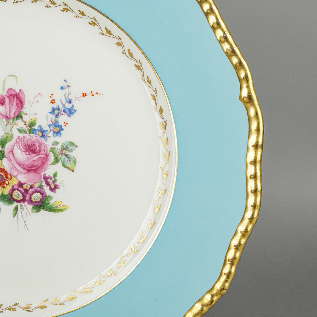 Royal Doulton V1967 Turquoise Rim Hand Painted Floral Dinner Plates Set Of 7