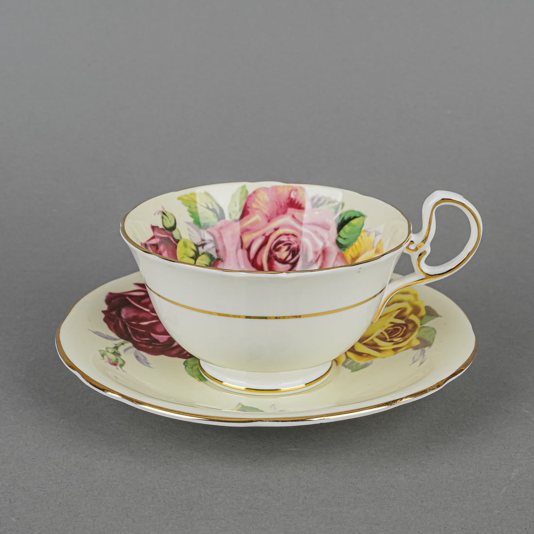AYNSLEY Cup & Saucer 1100/5 Hand Painted Cabbage Roses, Cream Ground