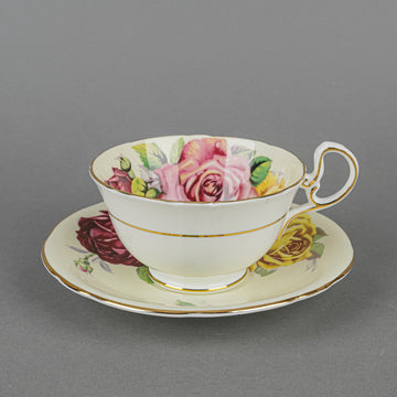 AYNSLEY Cup & Saucer 1100/5 Hand Painted Cabbage Roses, Cream Ground