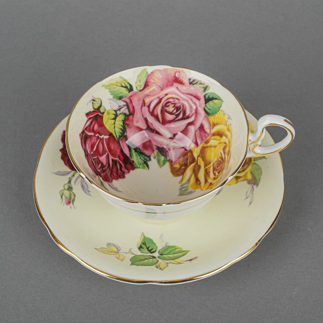 AYNSLEY Cup & Saucer 1100/5 Hand Painted Cabbage Roses, Cream Ground